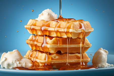 a stack of waffles with syrup being poured on topの素材