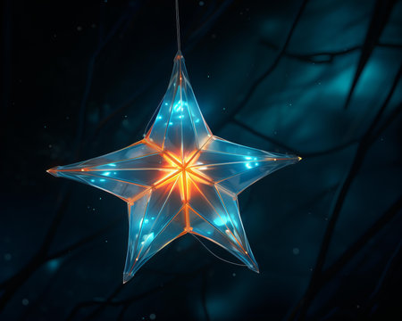 a star shaped light up christmas decoration in the darkの素材