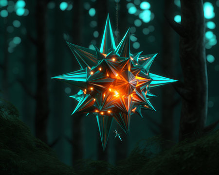 a star shaped ornament hanging from a tree in the forestの素材