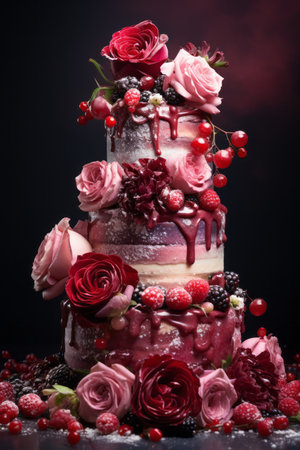 a three tiered cake with red roses and berriesの素材