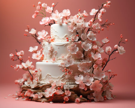 a three - tiered cake with cherry blossoms on itの素材