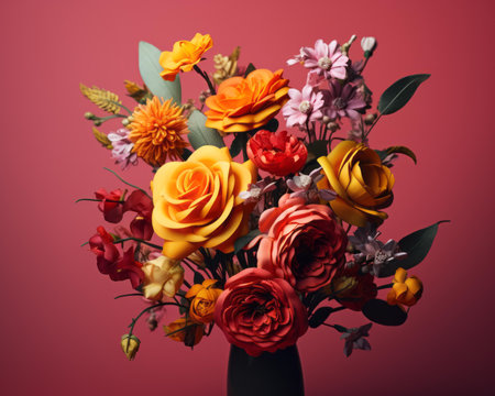 a vase filled with colorful flowers on a pink backgroundの素材