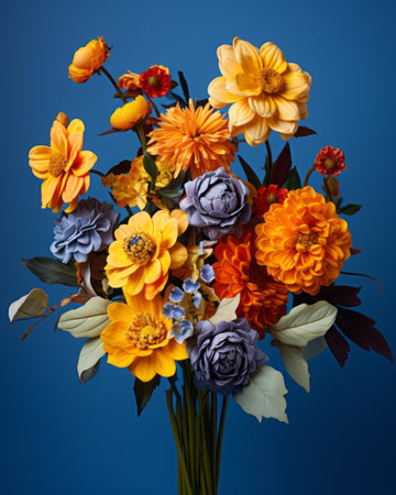 a vase filled with colorful flowers on a blue backgroundの素材
