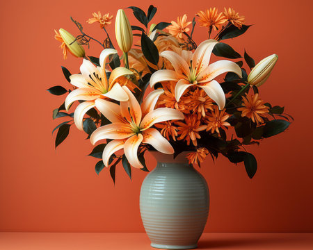 a vase filled with orange lilies and green leavesの素材