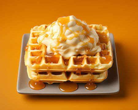 a waffle topped with ice cream and caramel syrup on an orange backgroundの素材