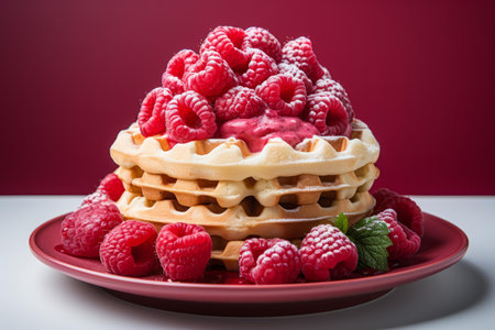 a waffle topped with fresh raspberries on a red plateの素材