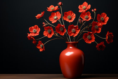 a vase with red flowers sitting on a tableの素材