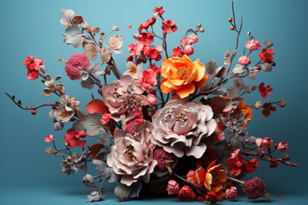 a vase full of flowers on a blue backgroundの素材