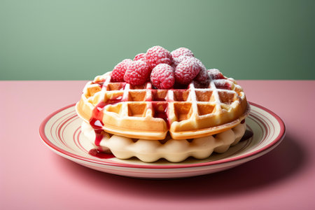 a waffle covered in powdered sugar and raspberriesの素材
