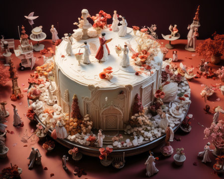 a wedding cake decorated with figurines on a red tableの素材