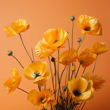 a vase filled with yellow flowers on an orange backgroundの素材