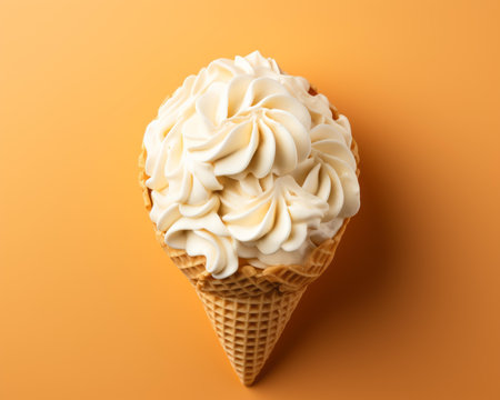 an ice cream cone with whipped cream on a yellow backgroundの素材