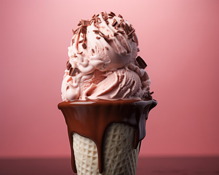 an ice cream cone with chocolate and ice cream on a pink backgroundの素材