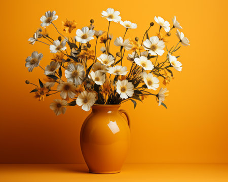 a yellow vase with white flowers in it on an orange backgroundの素材
