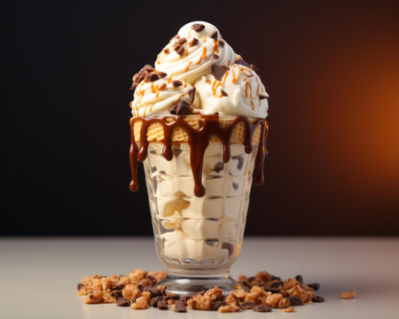 an ice cream sundae with chocolate chips and whipped creamの素材