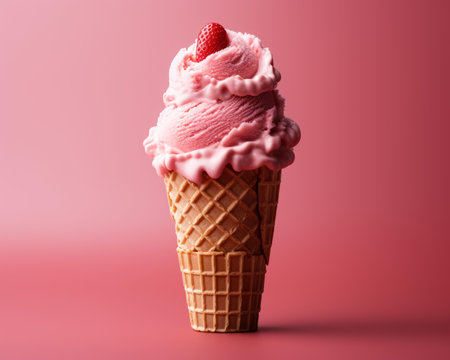 an ice cream cone with pink ice cream on a pink backgroundの素材