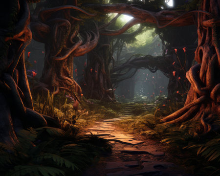 an image of a dark forest with trees and vinesの素材