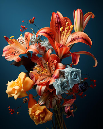 an image of a bouquet of flowers on a blue backgroundの素材