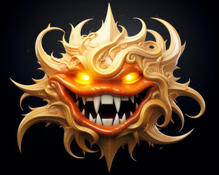 an orange and yellow sun with teeth and fangsの素材