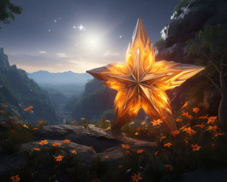 an orange star in the middle of a mountainの素材