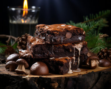 chocolate brownies on a wooden board with a candle in the backgroundの素材