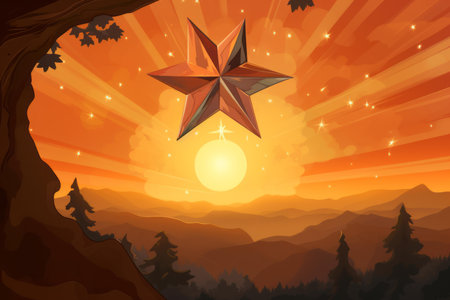 an orange star in the sky with mountains in the backgroundの素材