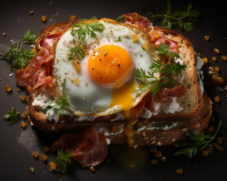 an open faced sandwich with an egg on topの素材