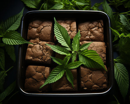cannabis brownies with marijuana leaves on dark backgroundの素材