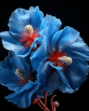 blue hibiscus flowers on a black backgroundの素材
