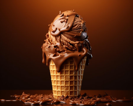 chocolate ice cream in a waffle cone on a dark backgroundの素材
