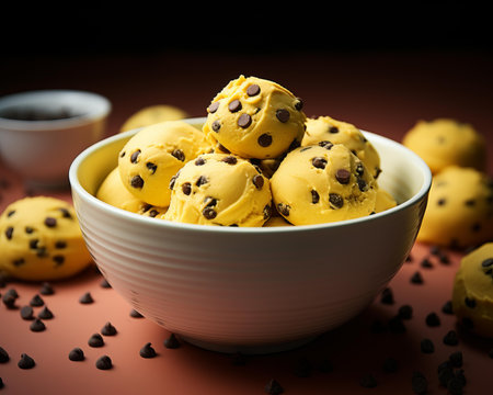 chocolate chip cookie dough ice cream in a bowlの素材