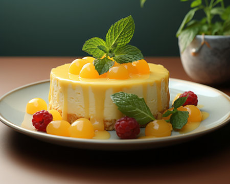 cheesecake with raspberries and mint leaves on a plateの素材