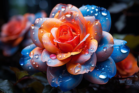 an orange and blue rose with water droplets on itの素材