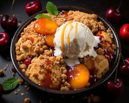 cherries and ice cream in a bowl with cherries on a black backgroundの素材