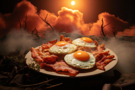 bacon and eggs on a plate with smoke in the backgroundの素材