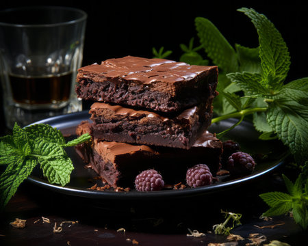 chocolate brownies with raspberries and mintの素材