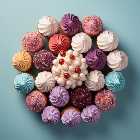 cupcakes arranged in a circle on a blue backgroundの素材