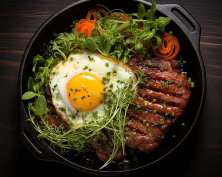 grilled steak with fried egg and vegetables in a skilletの素材