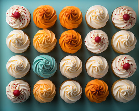 many cupcakes are arranged in a row on a blue surfaceの素材