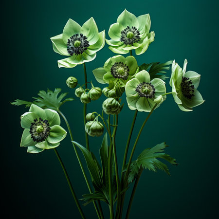 green anemone flowers on a green backgroundの素材