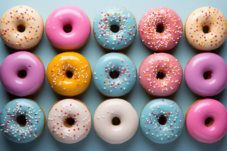 many colorful donuts arranged in a row on a blue backgroundの素材