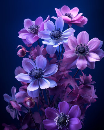 purple anemone flowers on a blue backgroundの素材