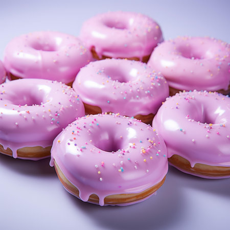pink frosted donuts with sprinkles on a white surfaceの素材