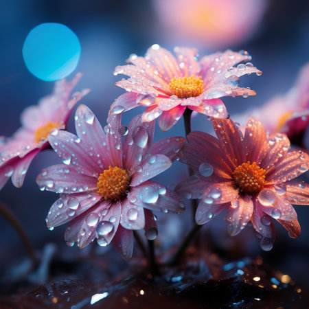 pink flowers with water droplets on them in the rainの素材