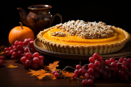 pumpkin pie and grapes on a wooden tableの素材