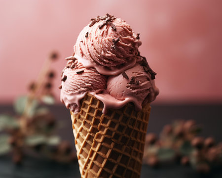 ice cream in a waffle cone on a pink backgroundの素材