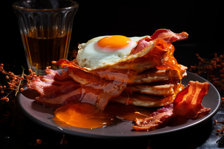 pancakes with bacon and an egg on a plateの素材