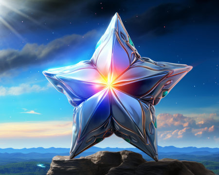 the star is made out of metal and has a bright light shining from itの素材