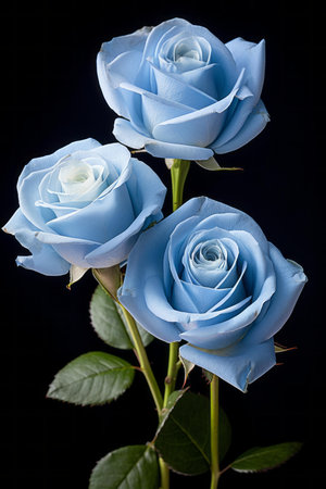 three blue roses against a black backgroundの素材