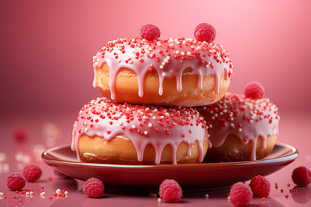 three donuts with frosting and raspberries on a plateの素材
